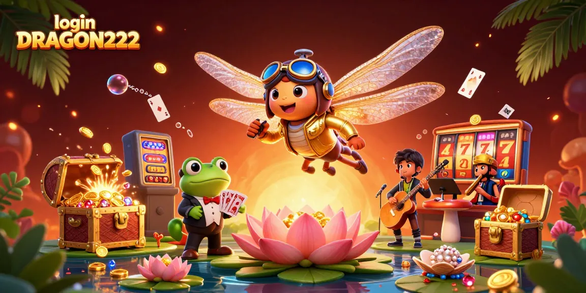 Engage with login DRAGON222 in this vibrant casino scene showcasing a dragonfly pilot and a frog croupier.