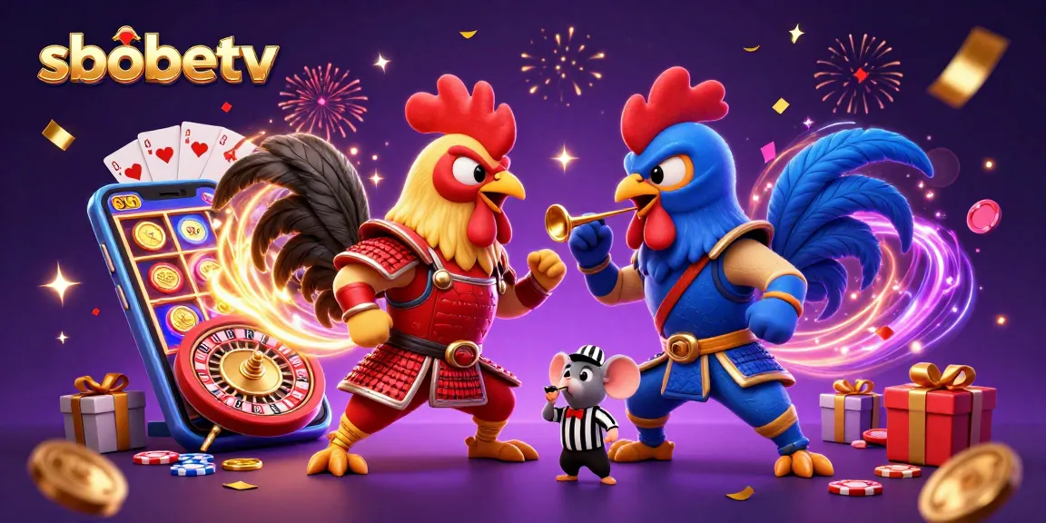 sbobetv throwing down in a dynamic casino showdown with 3D roosters, slot games, and gold coins flying