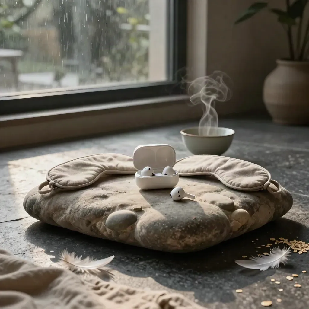 Meditation cushion, sleep earbuds, eye mask and tea bowl in a rainlit morning wellness room.