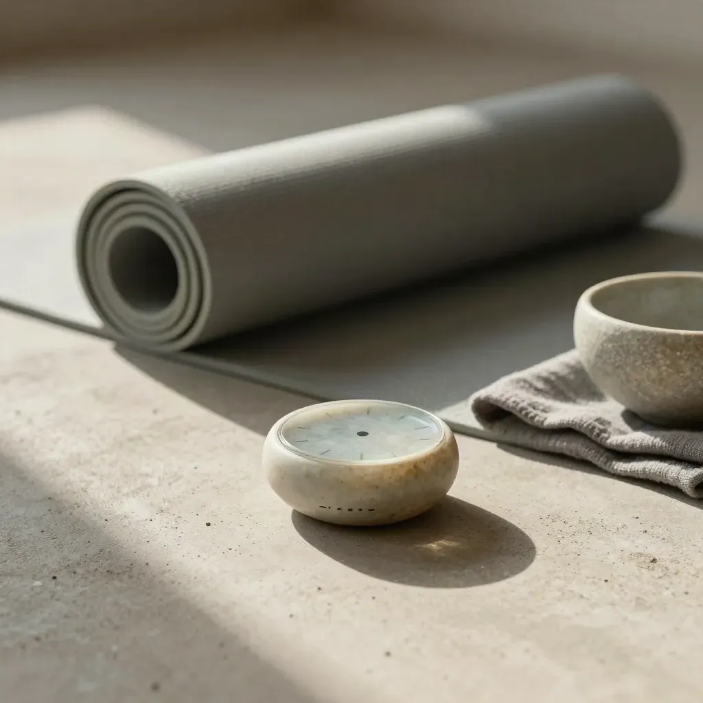 Breath timer, rolled sage mat, and stone bowl on a sunlit concrete landing before morning practice.