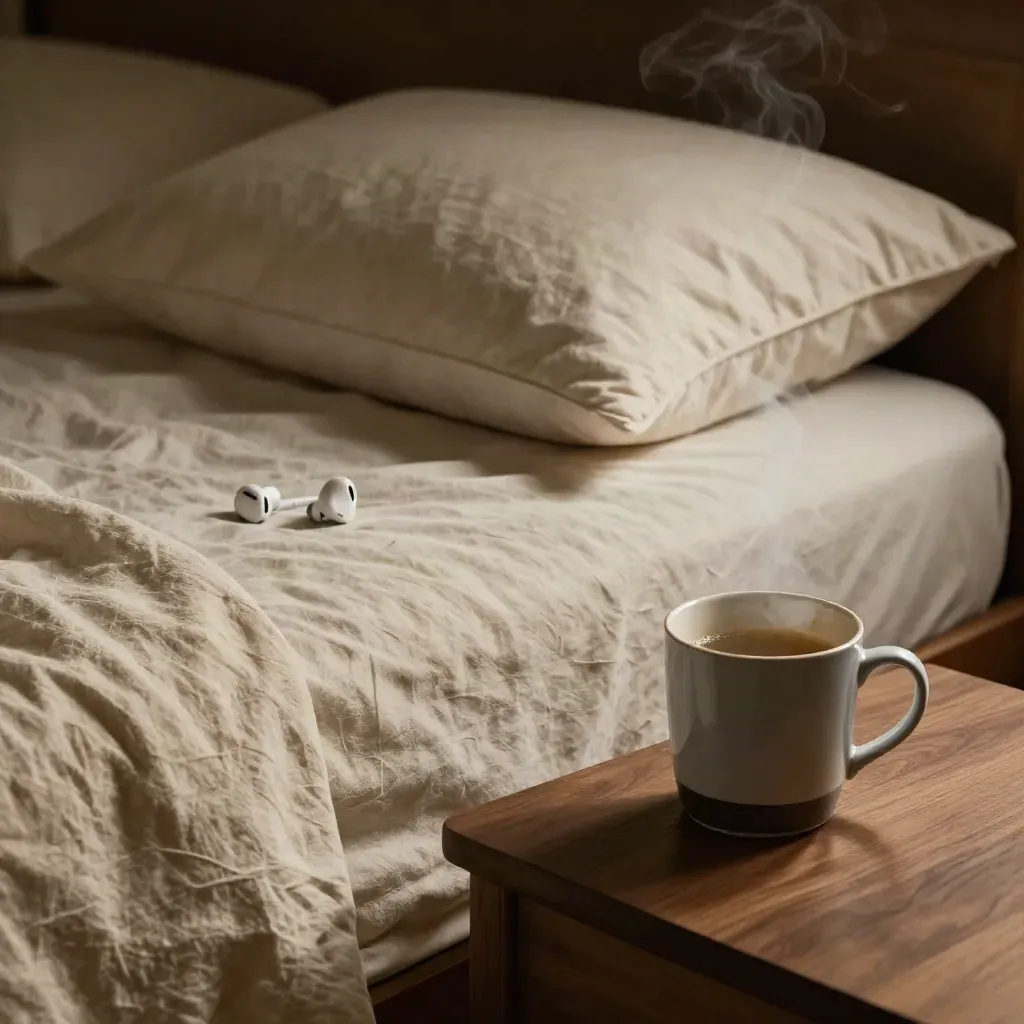 Rumpled bed, wireless earbuds, and chamomile mug on walnut side table at bedtime.