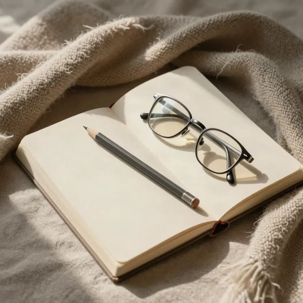 Open cream journal with pencil and folded glasses on a wool throw in soft afternoon light.