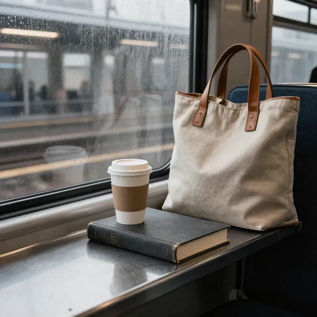 Paper coffee, closed paperback, and commuter tote on a misted train ledge at dawn.