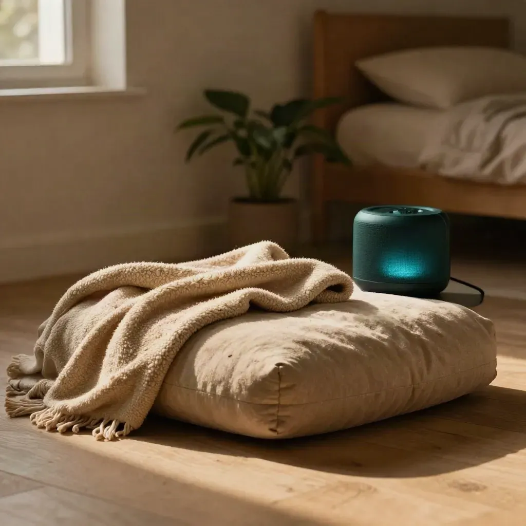 Folded blanket, meditation cushion, and glowing speaker beside a bedside plant at night