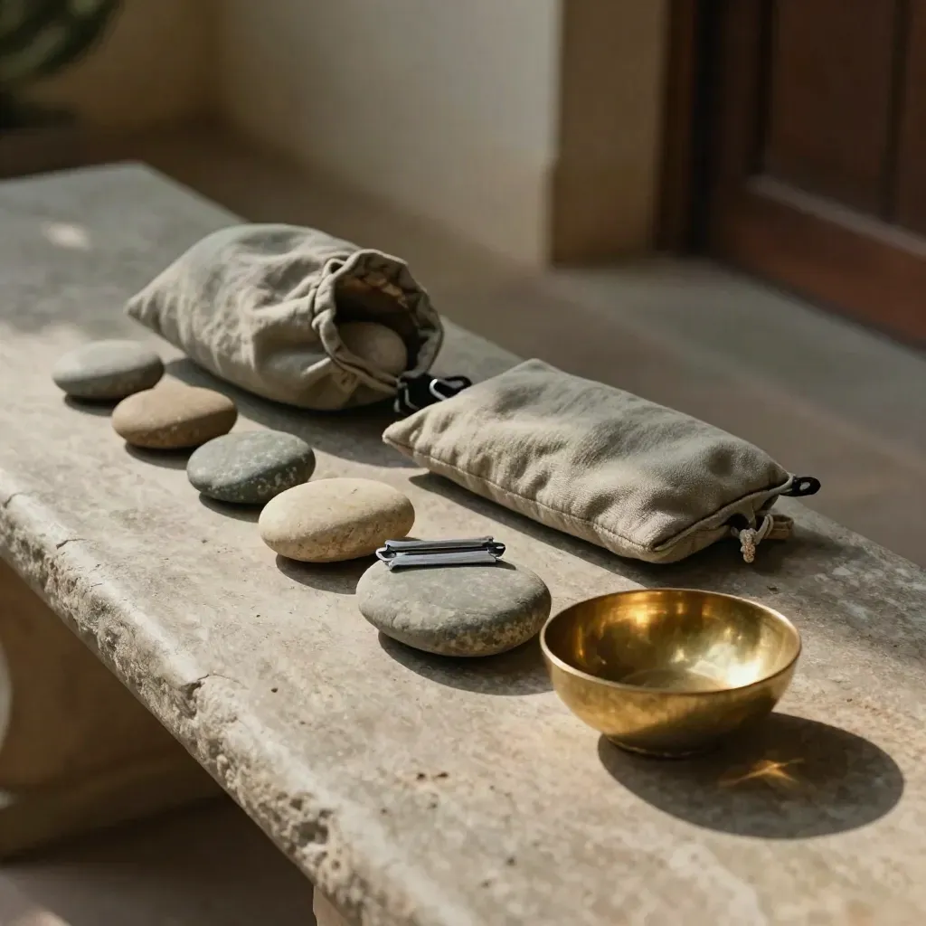 Five river stones, linen pouch, and brass bowl on a stone bench in warm sunlight.