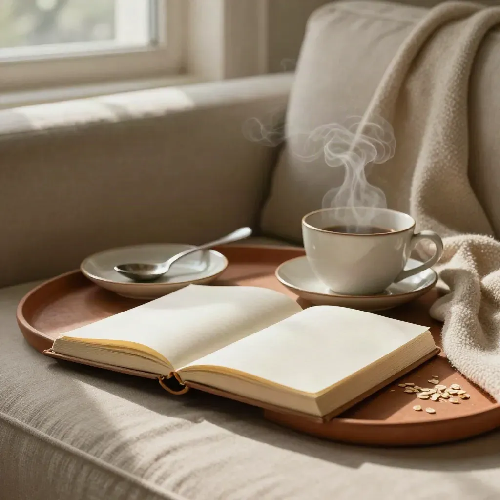 Open weekly notebook, tea cup and spoon by a sofa arm, steam drifting in morning light.