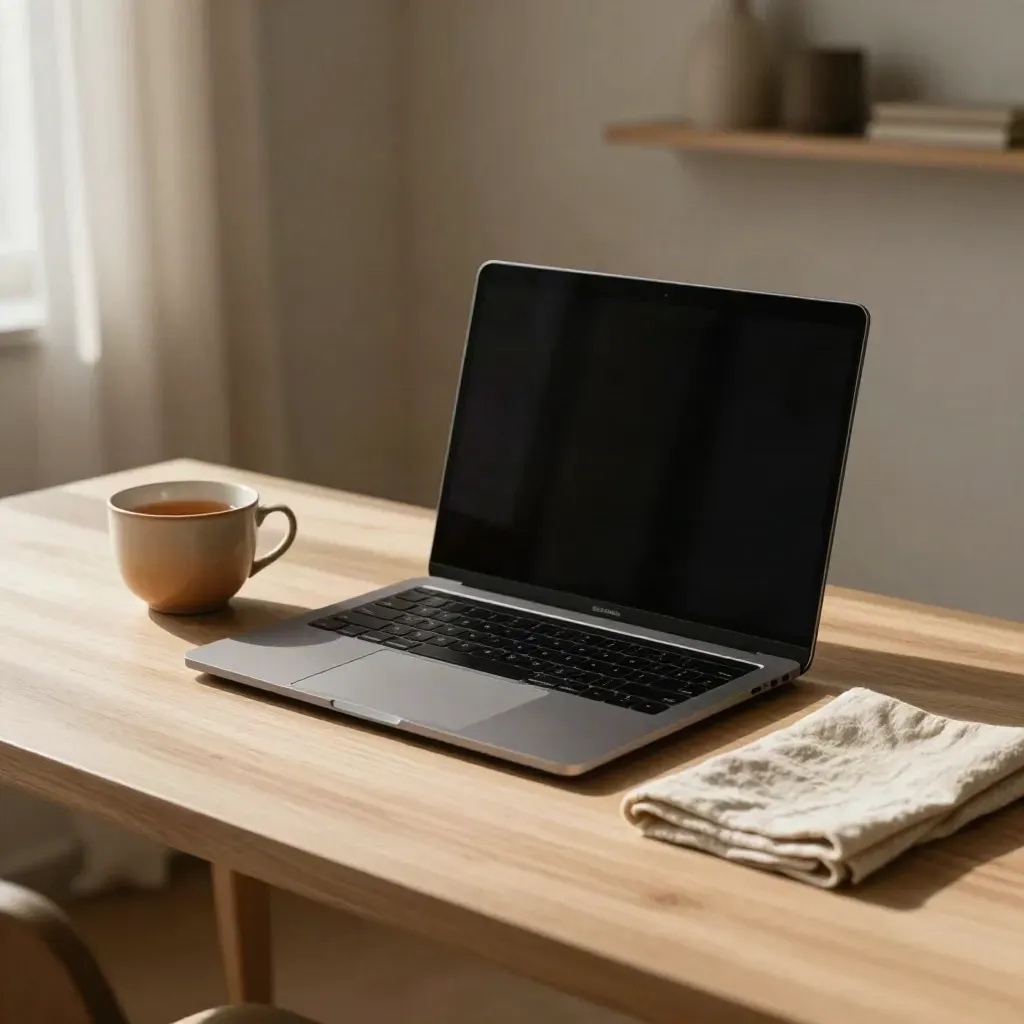 Closed laptop, untouched tea, and folded napkin on a sunlit desk by a bright window.