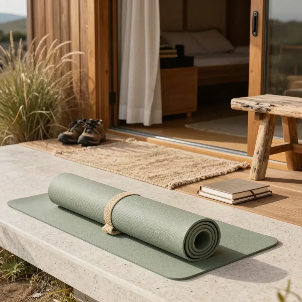 Cabin threshold with a sage yoga mat, journals, and walking shoes in warm coastal light.
