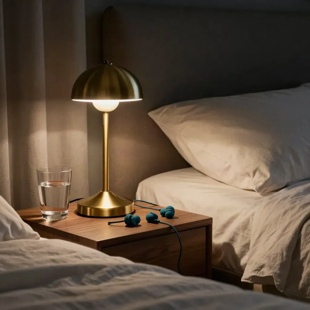 Lamp-lit bedside with sleep earbuds on a walnut nightstand beside a settled duvet.