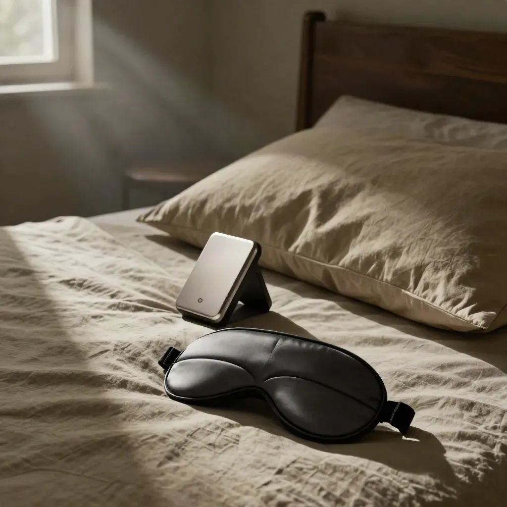 Sleep mask and small speaker on a rumpled pillow in a moody late-night bedroom.