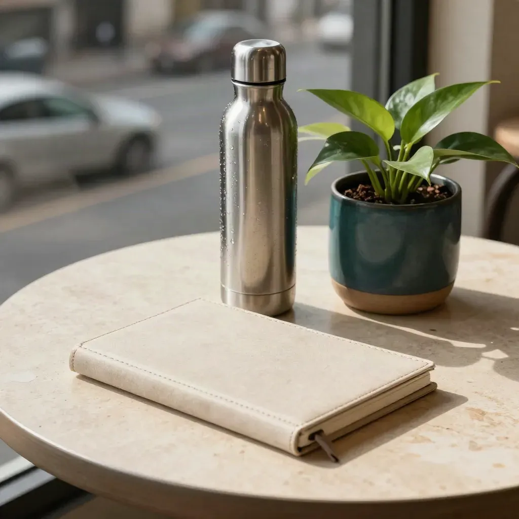 Notebook, sealed water bottle, and potted plant on a café table in soft light.