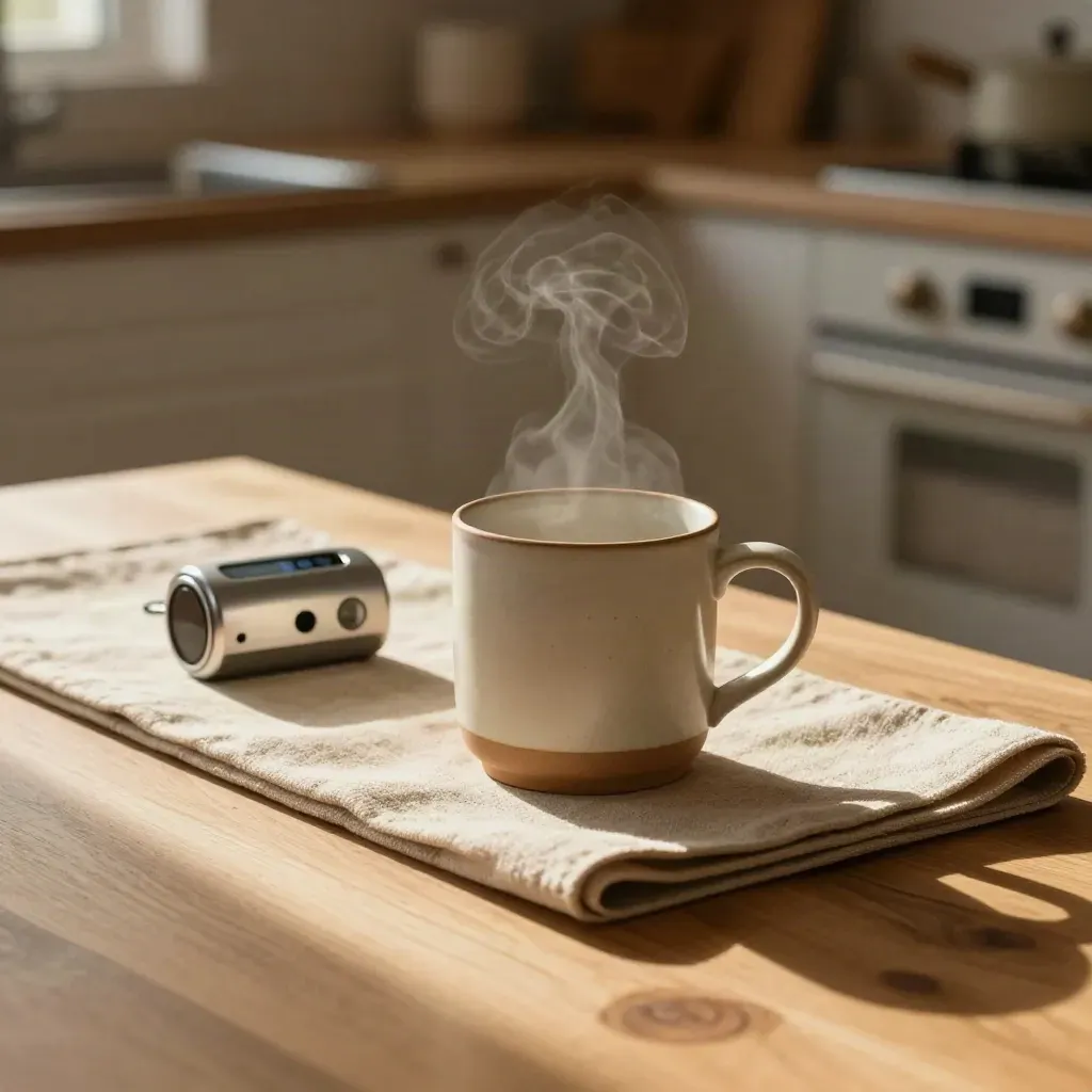 Steam rising from a mug beside a folded mat and breath timer on a sunny kitchen bench.