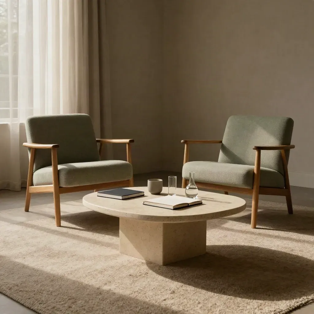 Two sage lounge chairs, travertine table, and notebooks in a quiet coaching room.