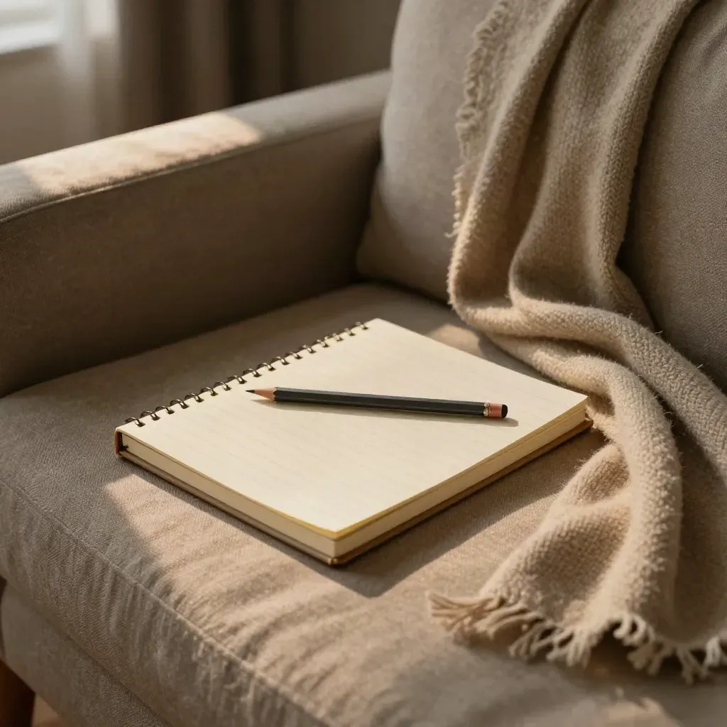 Notebook, pencil, and shawl on a sofa arm in soft evening light.