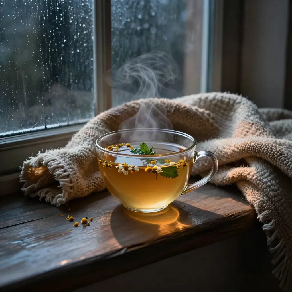 Herbal tea steaming on a dusk windowsill beside a folded blanket, lit by blue-hour glow.