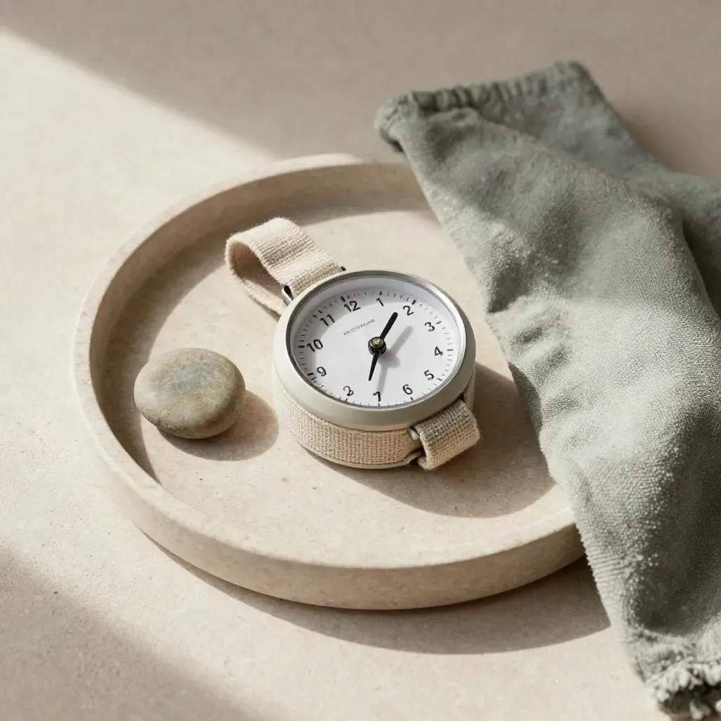 Round breath timer on stone tray with linen cloth and smooth stone in soft window light.