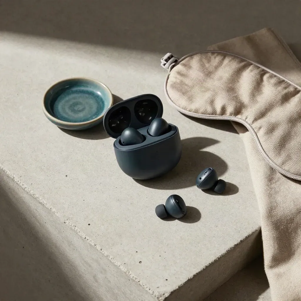 Overhead flatlay of sleep earbuds, linen eye mask, and teal ceramic dish on pale concrete.