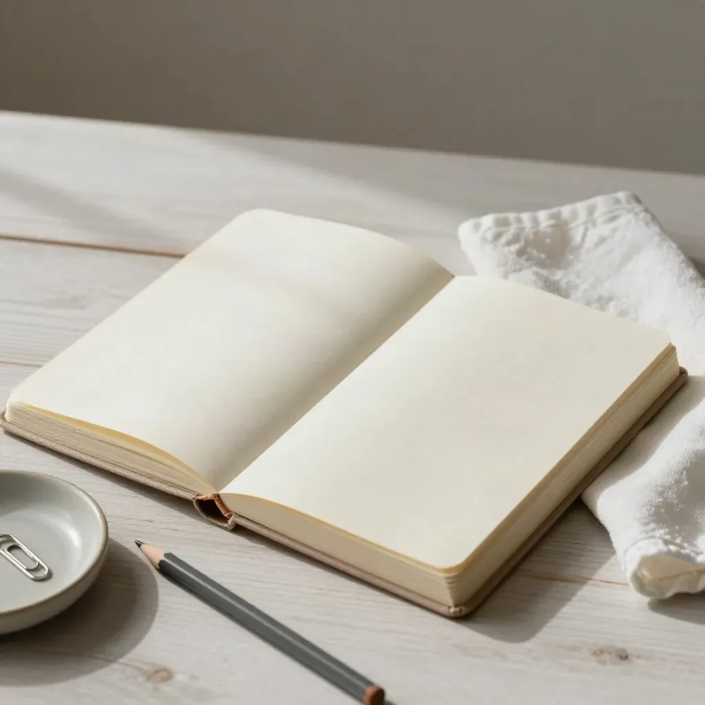 Open journal, pencil, and ceramic dish on pale wood in soft daylight.
