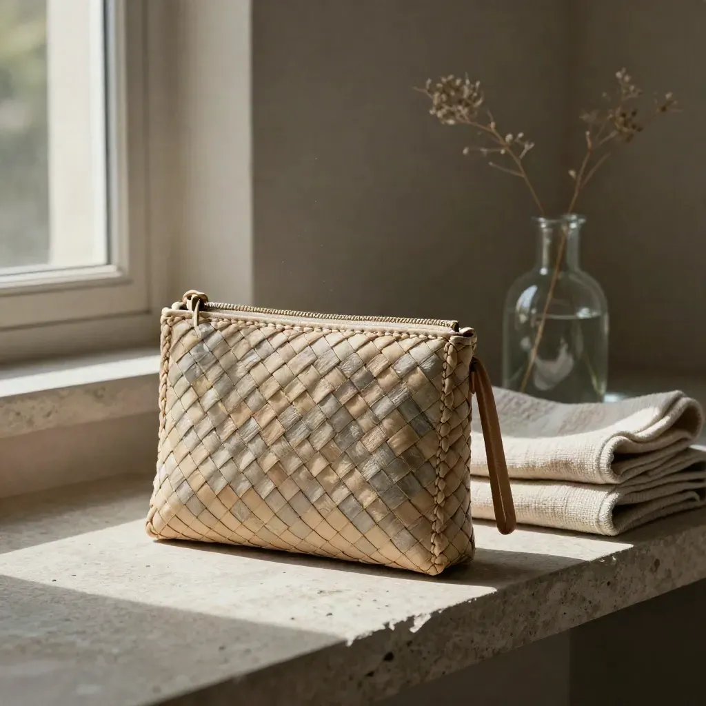 Woven notebook pouch, linen towel, and tiny glass vase on a stone shelf in soft window light.