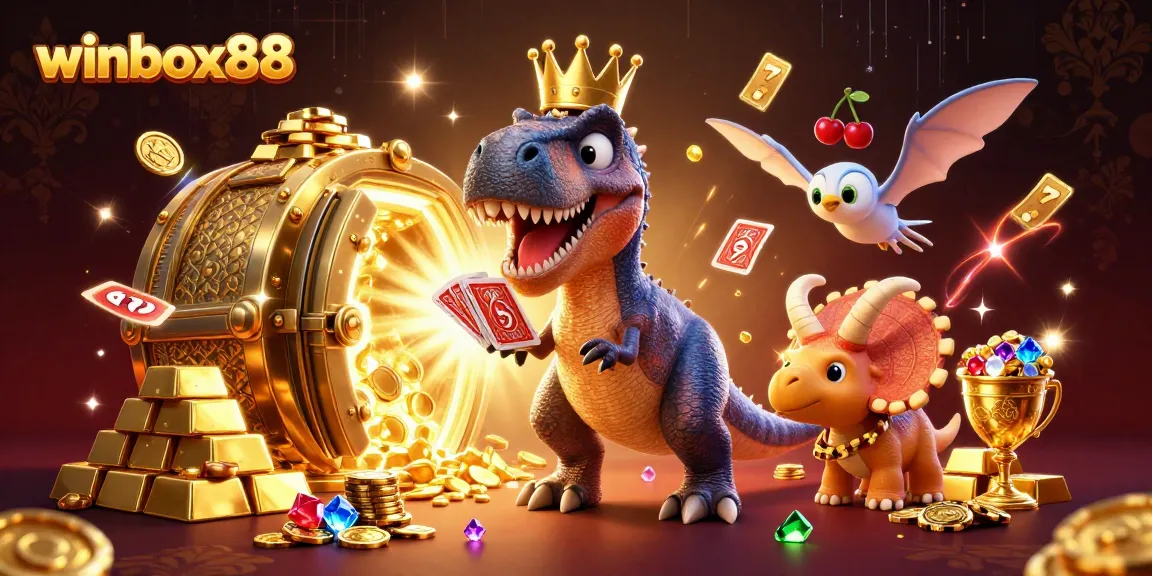 Winbox88 illustration with friendly T-Rex shuffling cards, vibrant casino-themed elements.