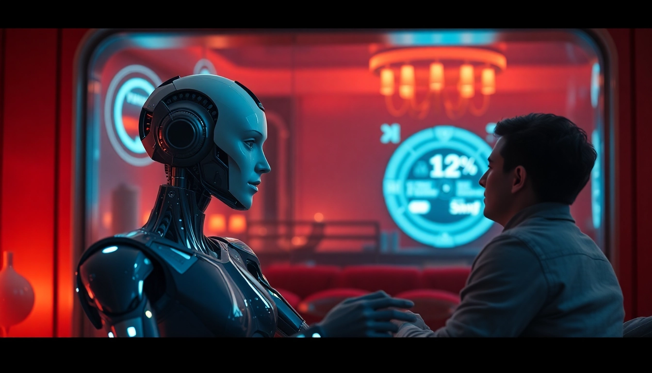 Interactive AI sex robot in a cozy lounge, showcasing intimate engagement and advanced technology.