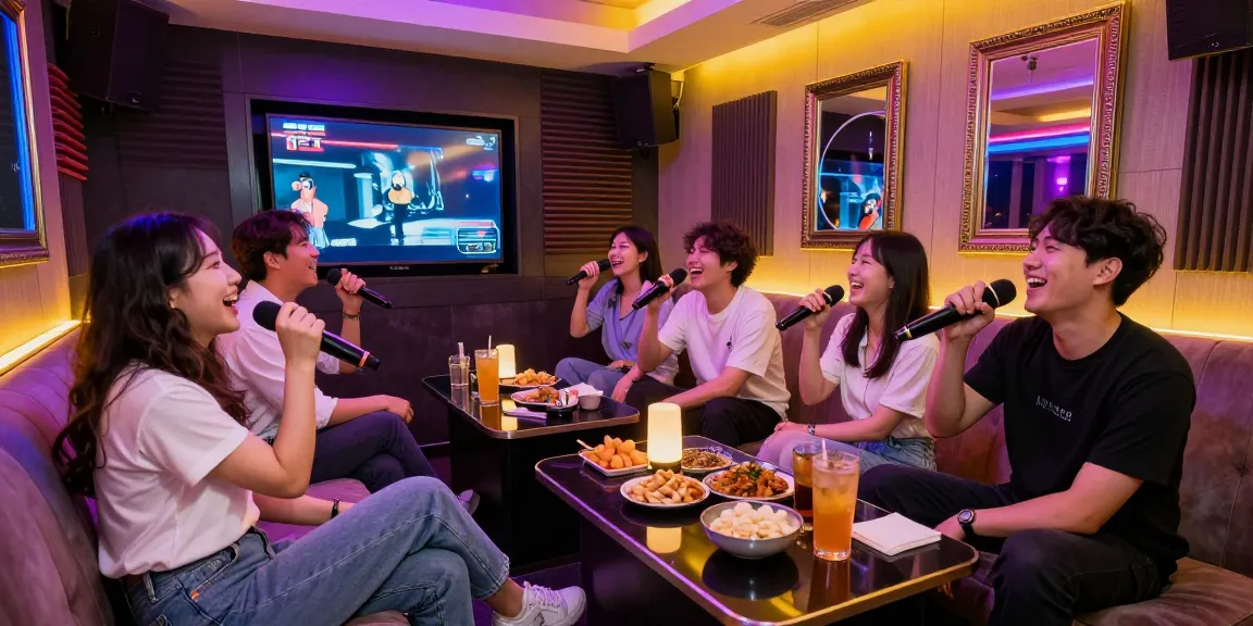 Engaging night out at 인천쓰리노 featuring friends singing karaoke in a stylish private room.