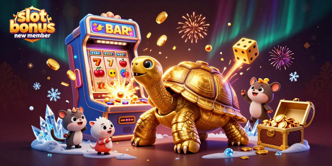 Menang slot bonus anggota baru di mesin slot dengan karakter kartun ceria dalam suasana penuh semangat.