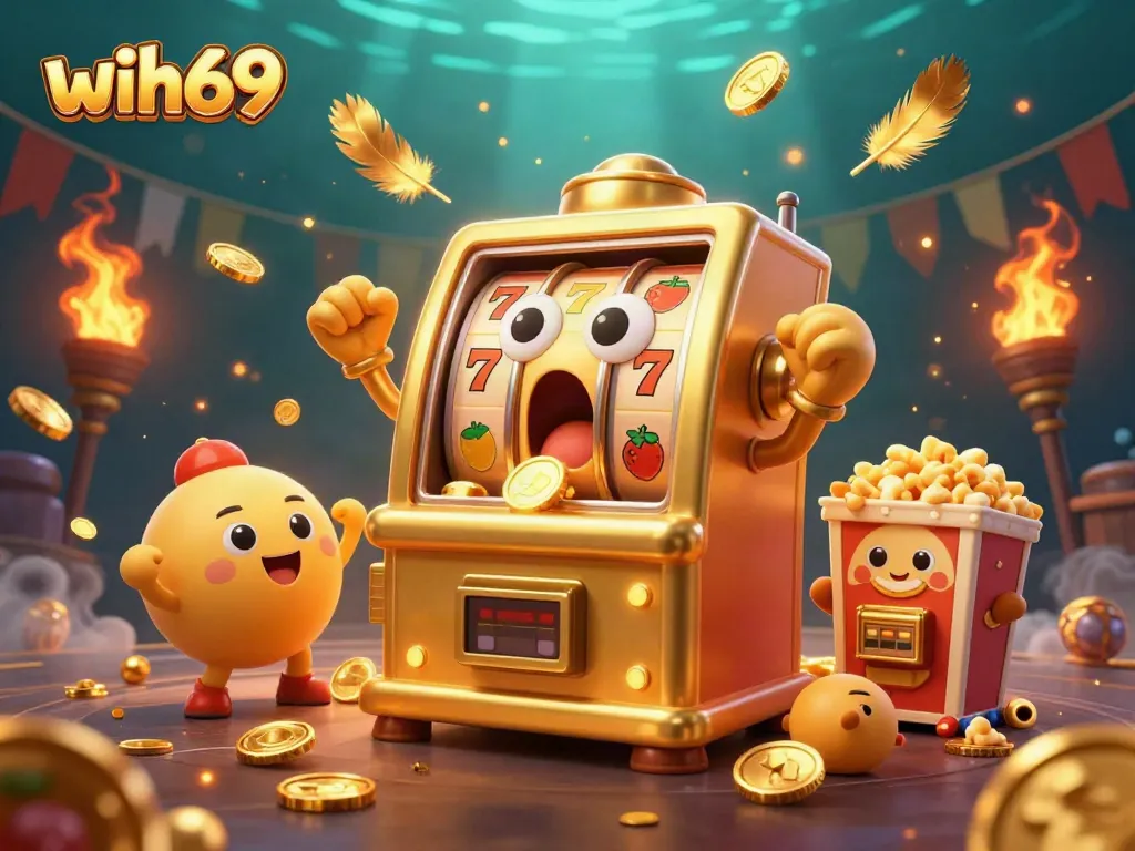 Slot mesin ajaib wih69 yang menang jackpot, dikelilingi koin emas dan slot lainnya.