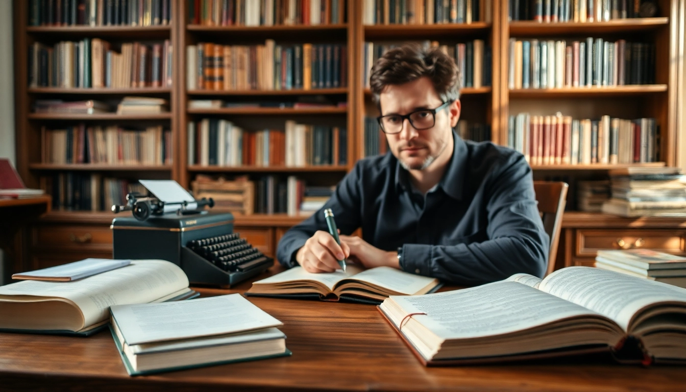 Author working at a vintage desk with books and notes, creating a cozy writing atmosphere.