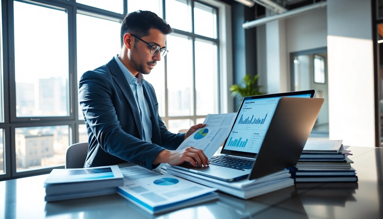 Consultant analyzing FCPA/DCAA/Flowdown/ITAR/EAR compliance documents in a modern office.
