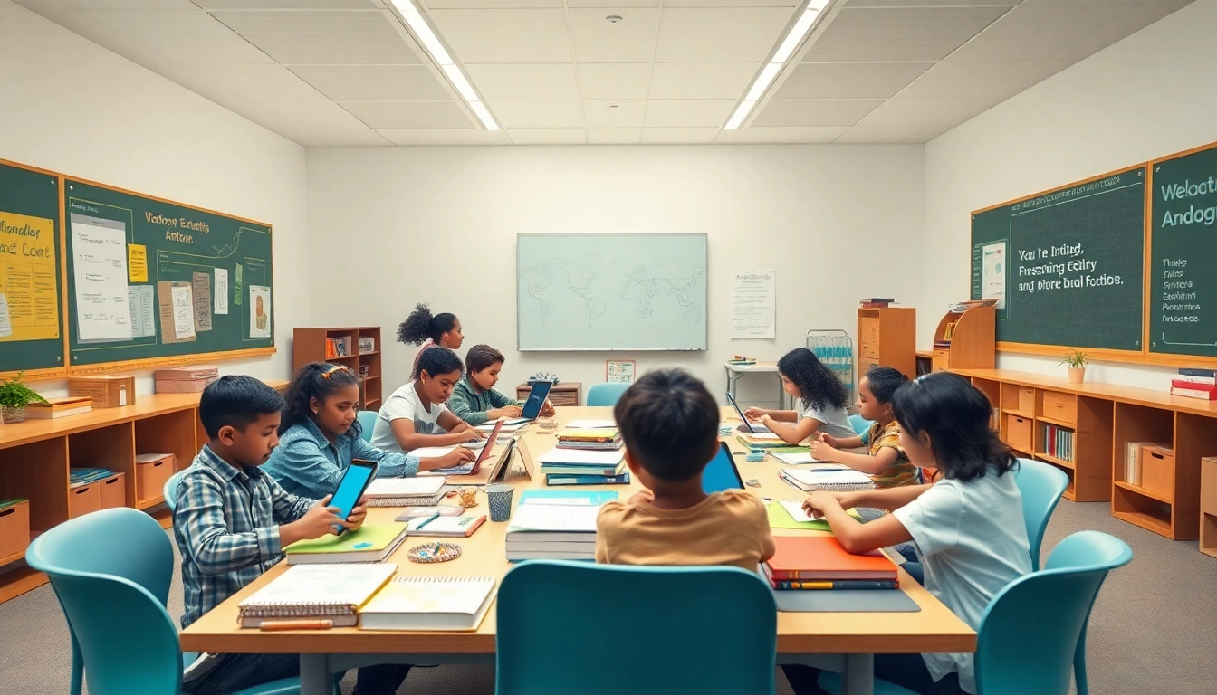 Education equity in a modern classroom with diverse students collaborating around a table filled with learning materials.