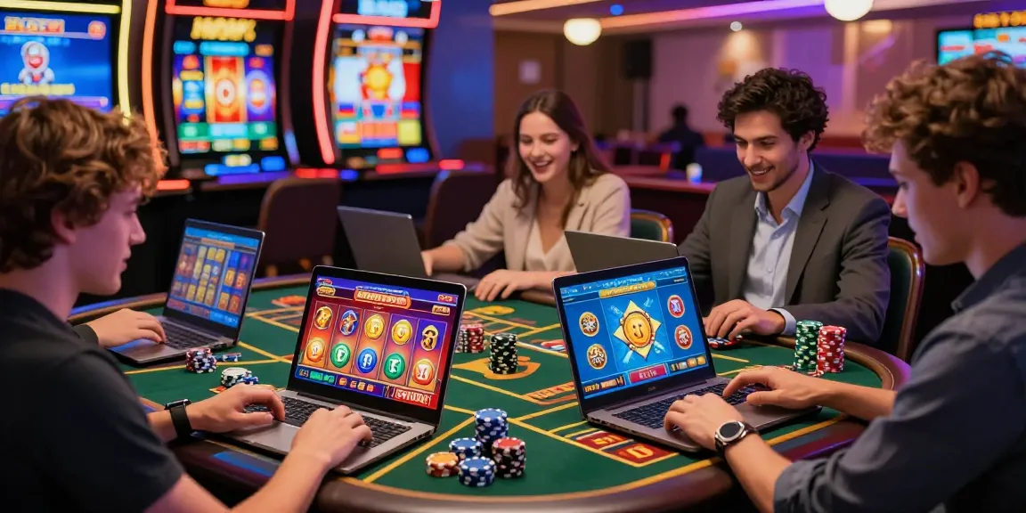 Engaged players enjoying games at non UK casinos on laptops and smartphones, showcasing vibrant graphics and promotions.