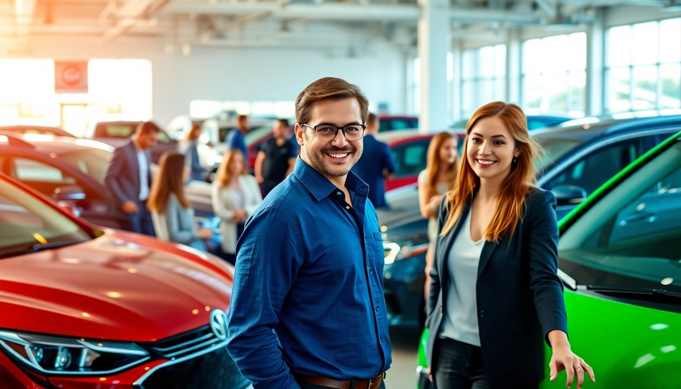 Buy a car with trusted dealers in a vibrant dealership scene showcasing diverse buyers.