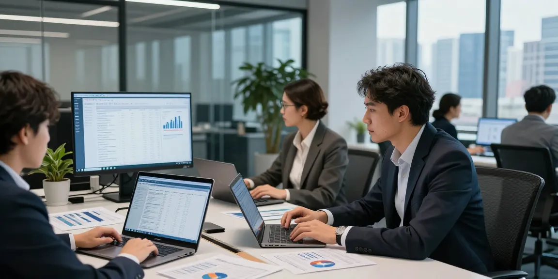 Team analyzing asset tracing data in a modern office environment.