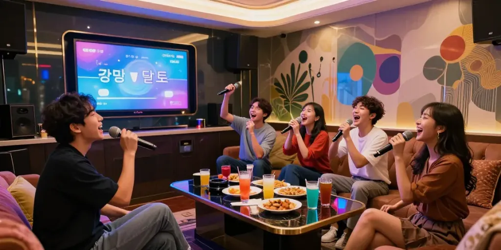 강남 달토에서 즐거운 시간 보내는 친구들, 현대적인 인테리어와 멋진 조명.