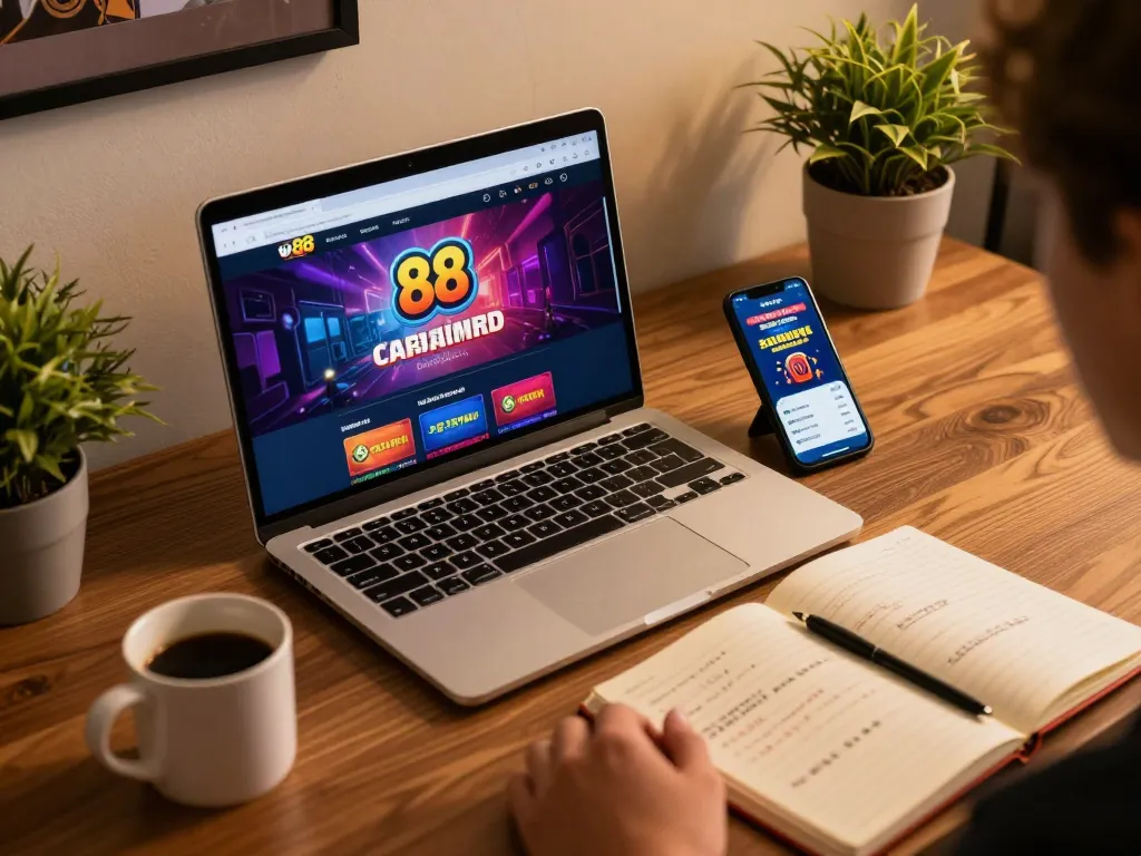 Engaging w 88 online gaming session with laptop and smartphone for strategic gameplay.