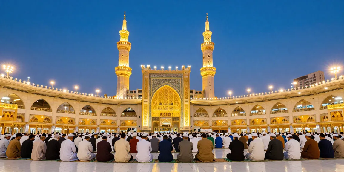 Umroh Itikaf experience during Ramadan with pilgrims at Shariah Mosque, vibrant decor and holy ambiance.