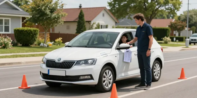 Instructor și elev la școala de șoferi în Chișinău, în mașina Skoda Fabia.