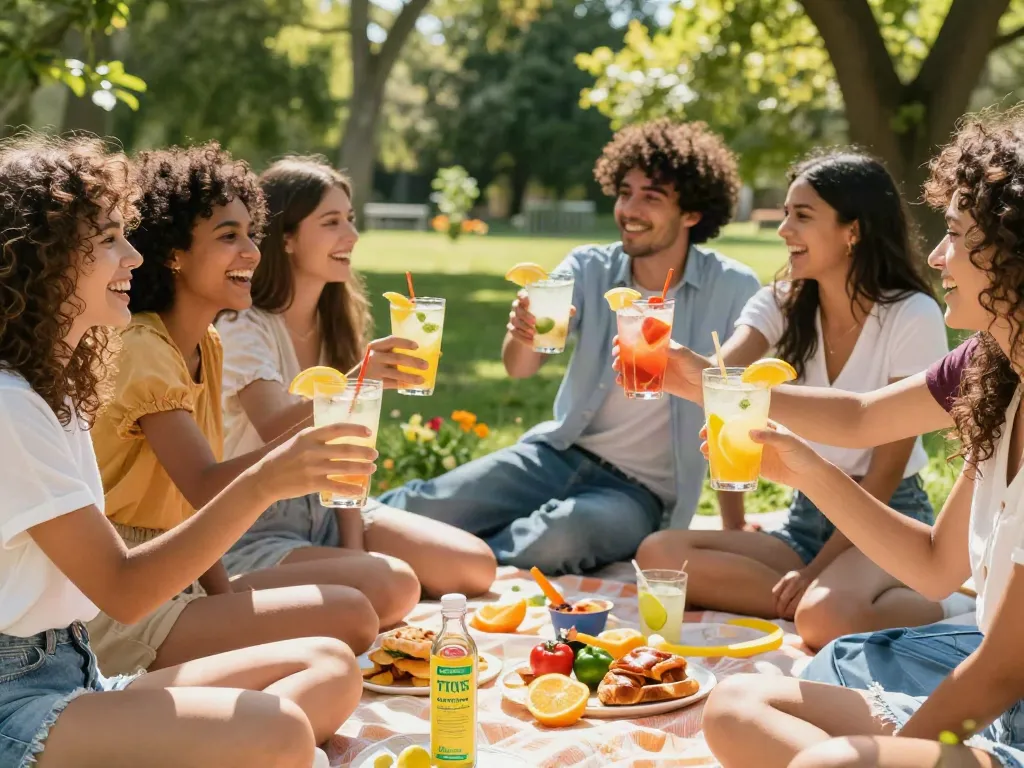 Friends savoring Lemon Twist Golden Coast Lemon Bar e-liquid while enjoying a sunny picnic.