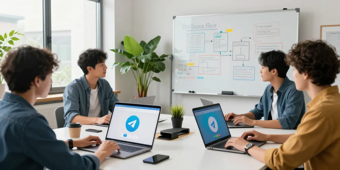 Explore the innovative features of telegram官网 in a modern workspace with team interaction.