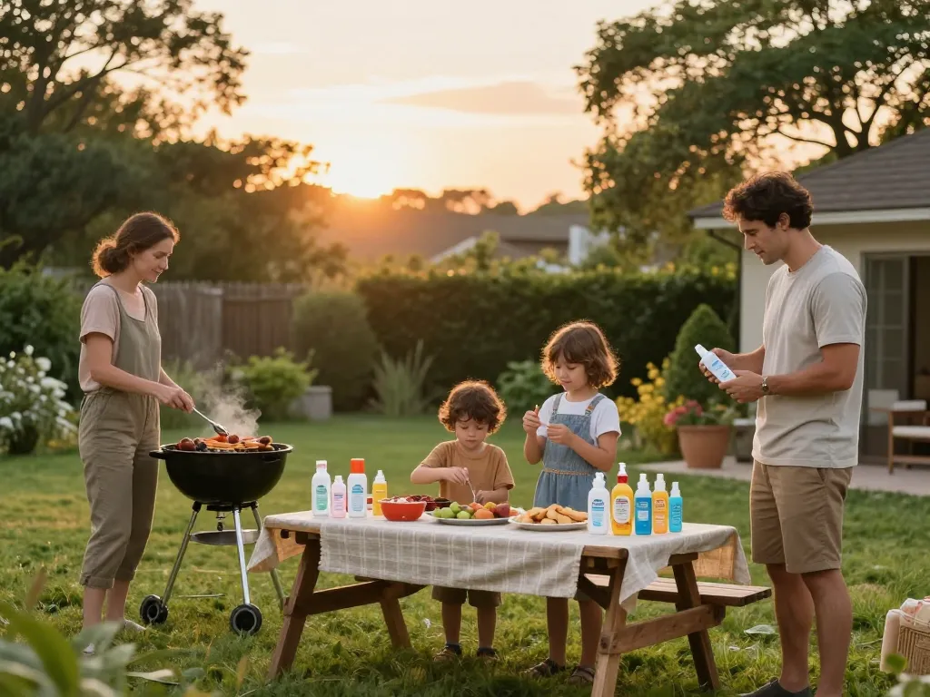 Family enjoying barbecue outdoors while using effective mosquito repellent.
