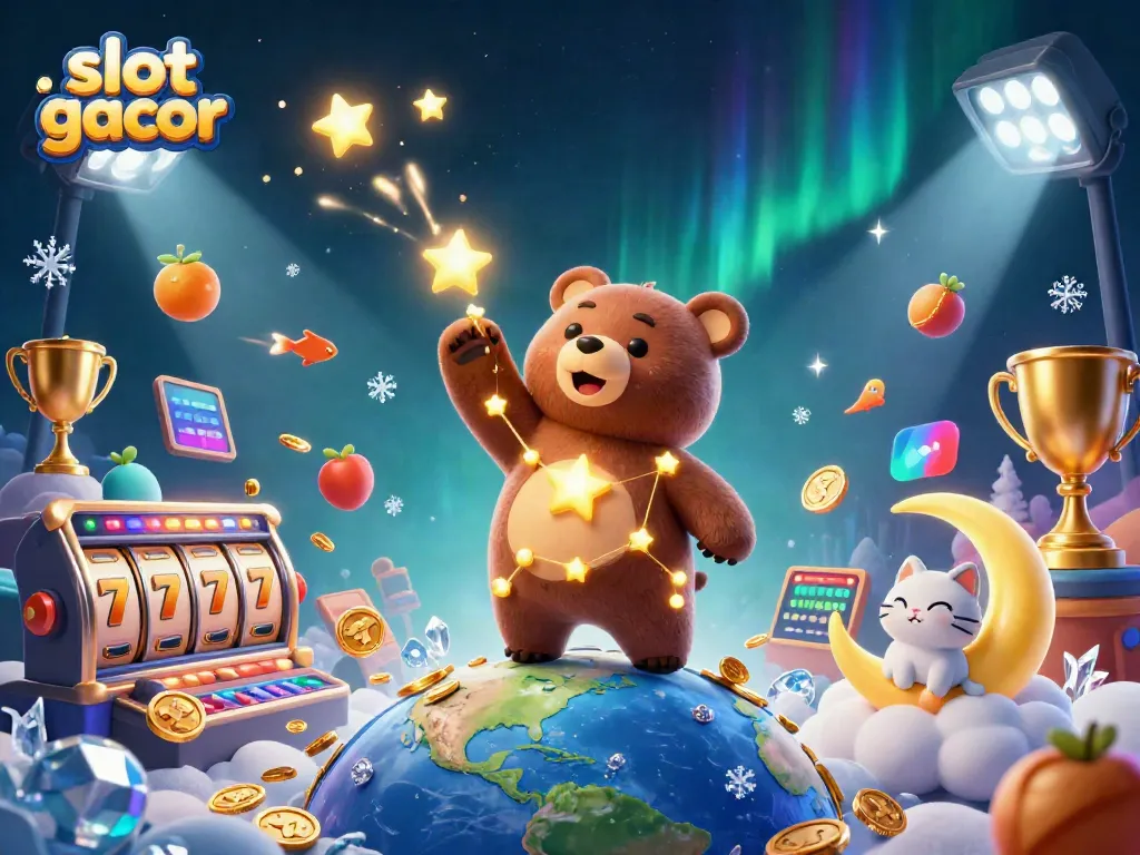 Bermain slot gacor dengan karakter beruang bintang yang mencuri koin, dikelilingi elemen kasino yang berkilau.
