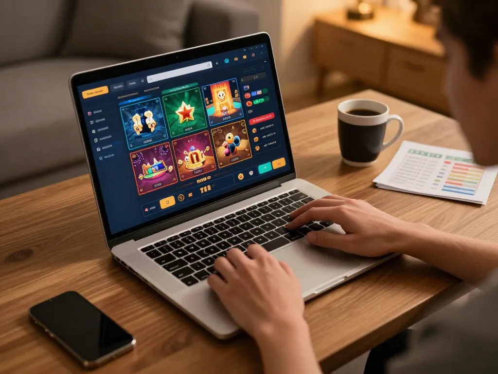 Playing casino online senza registrazione on a stylish laptop with coffee and strategy notes.