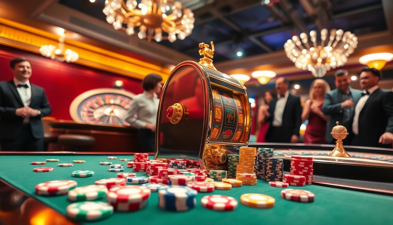 Experience the thrill of onicplay with a vibrant casino atmosphere showcasing slot machines and roulette.