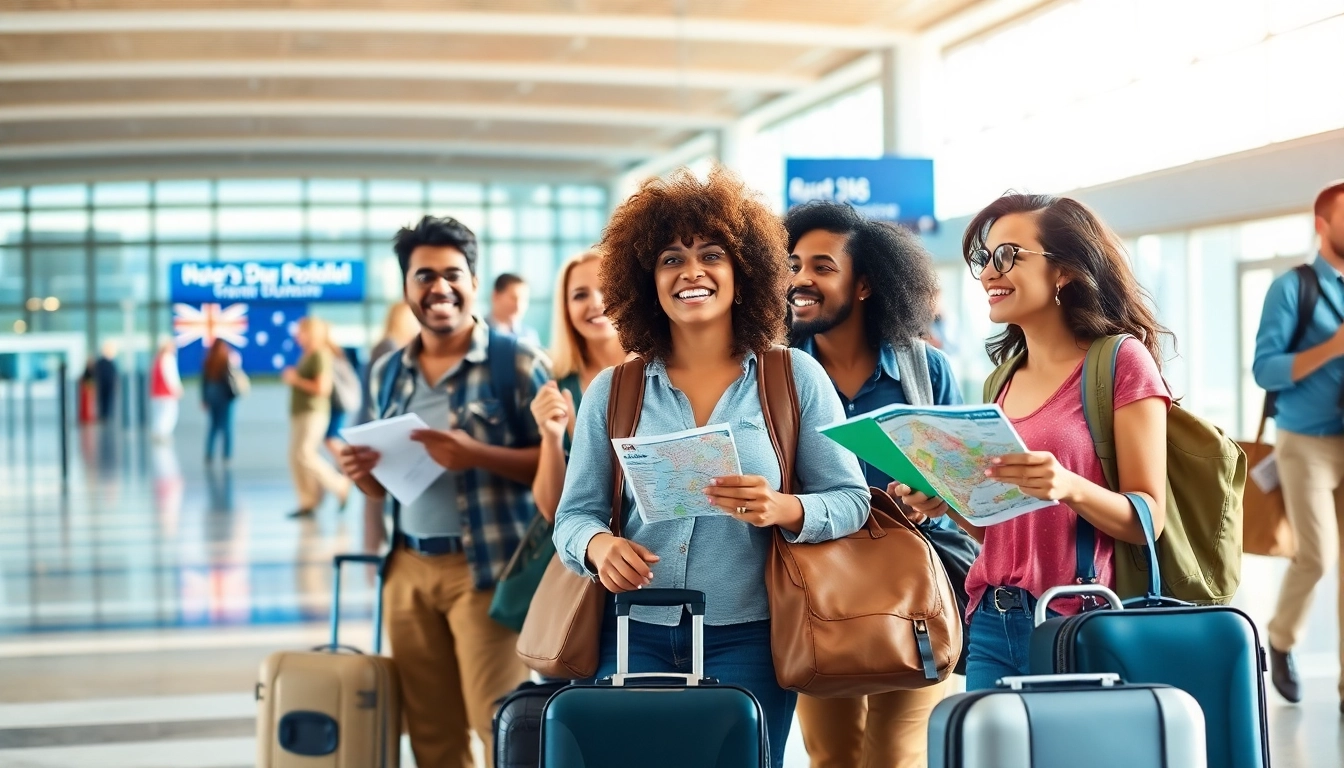Excited travelers preparing for their tourist visa USA from Australia journey at the airport.