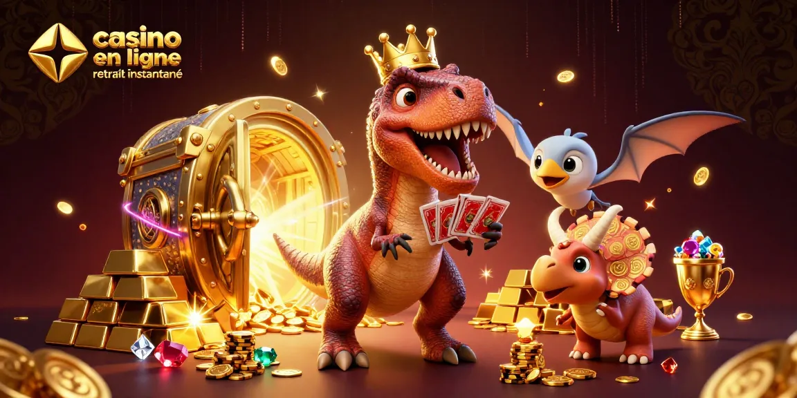 Visuel captivant de casino en ligne retrait instantané avec un T-Rex mignon jouant aux cartes et des jetons dorés.