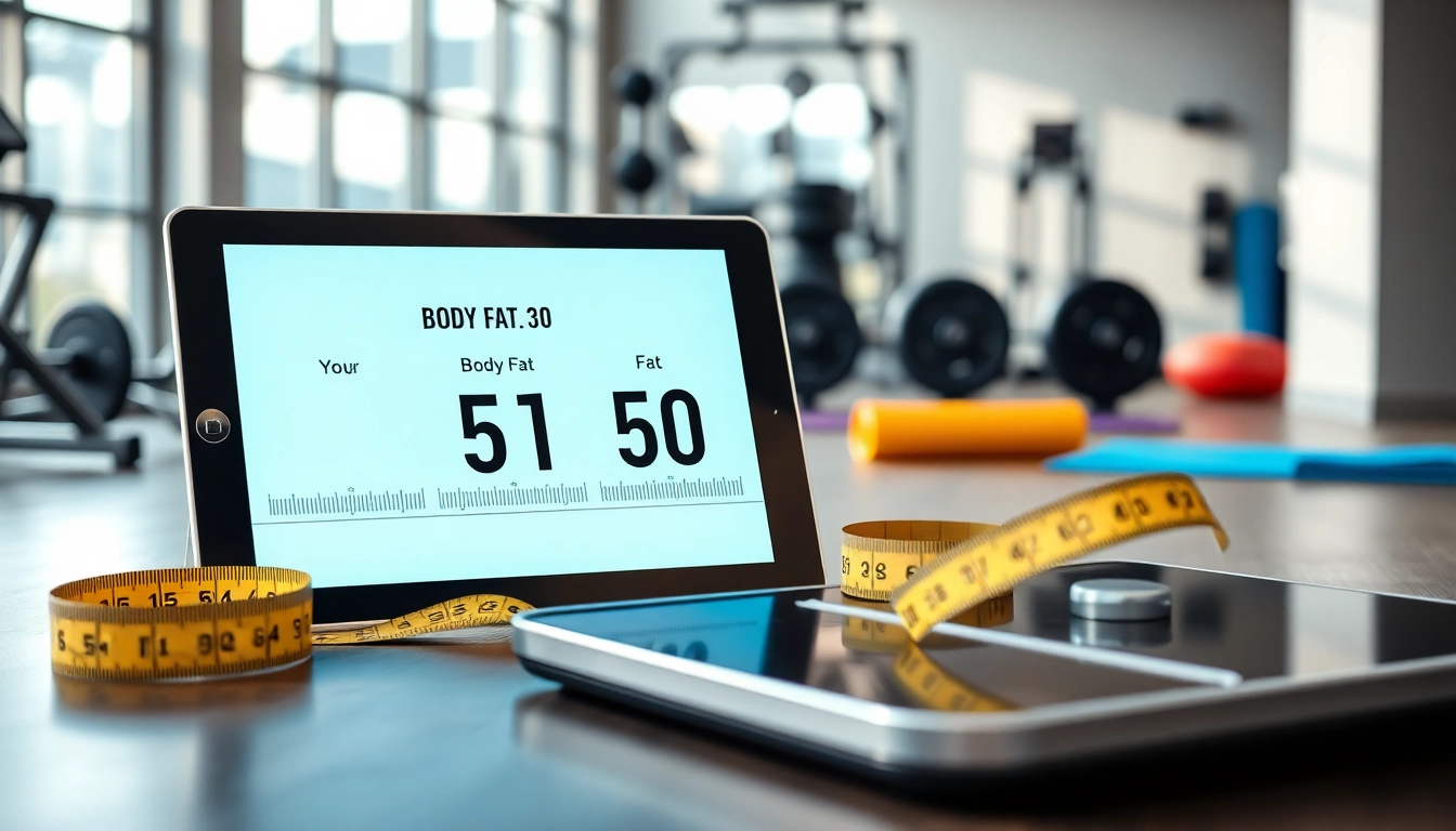 Calculate body fat percentage calculator with modern fitness tools in a gym.