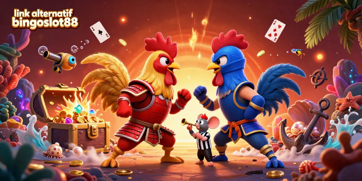 Gambaran dinamis tentang 'link alternatif bingoslot88' dengan dua ayam jantan bertarung dan elemen kasino.