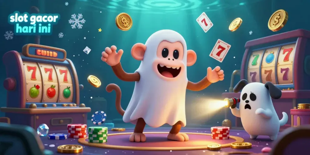 Experience the thrill of slot gacor hari ini with a playful ghost monkey and a curious puppy in a vibrant casino scene.
