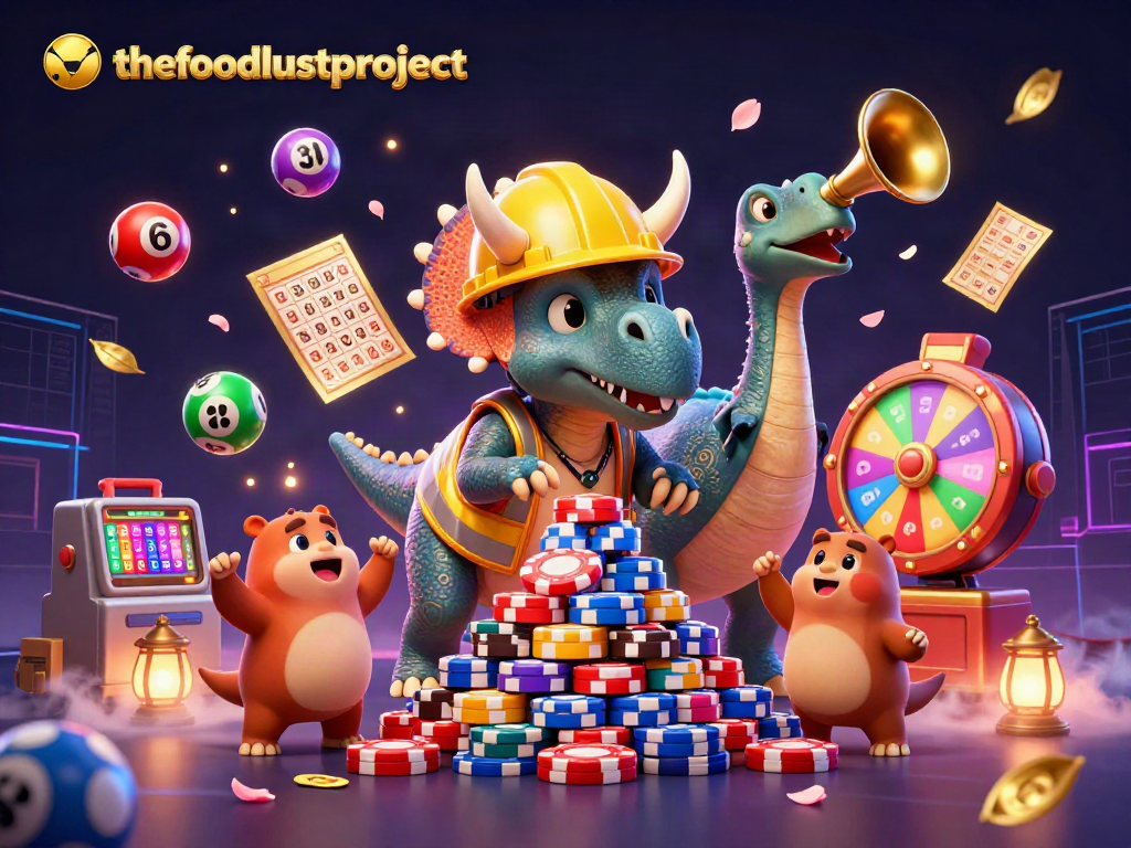 Ilustrasi 3D penuh warna thefoodlustproject memperlihatkan dino kreatif di kasino, merayakan kemenangan.